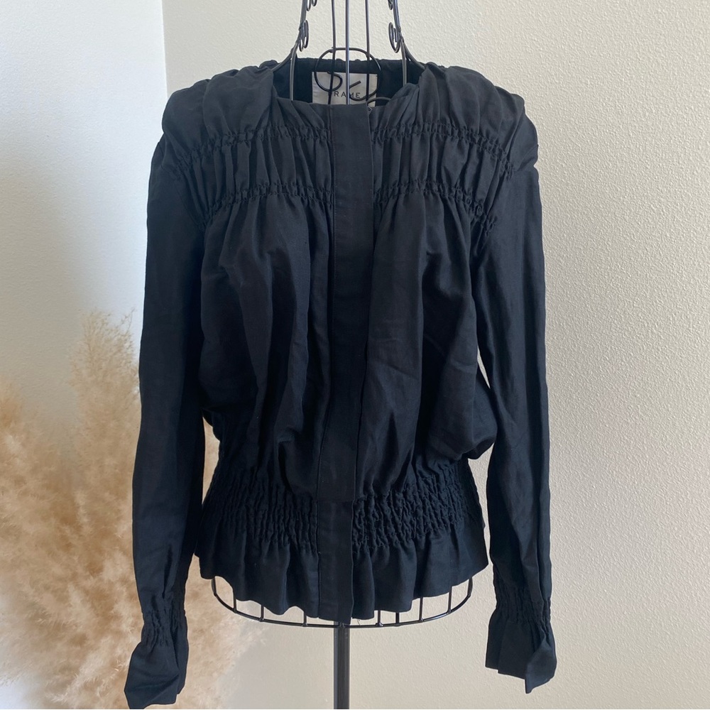SOLD FRAME Smocked Zip Front Black Linen Jacket - Picture 2 of 9